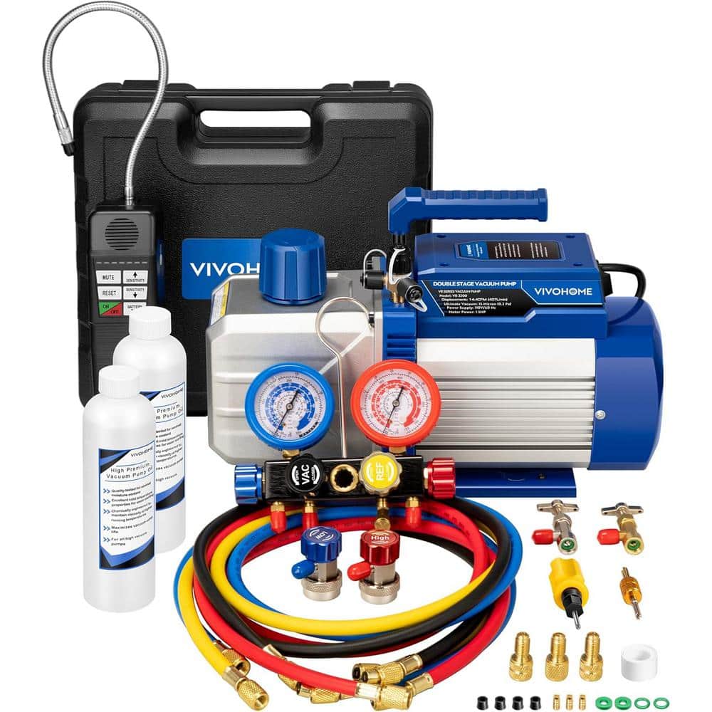 VIVOHOME 1,5 PS 14,4 CFM 2-stufige Vakuumpumpe und 4-Wege AC Verteiler-Manometer-Set mit Lecksuchgerät