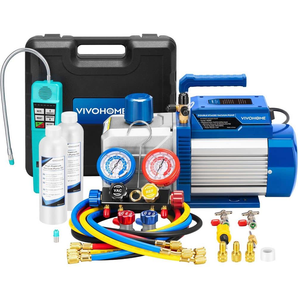 VIVOHOME 110V 1 PS 9,6 CFM Zweistufige Vakuumpumpe Kit mit 4-Wege Verteiler und Lecksuchgerät