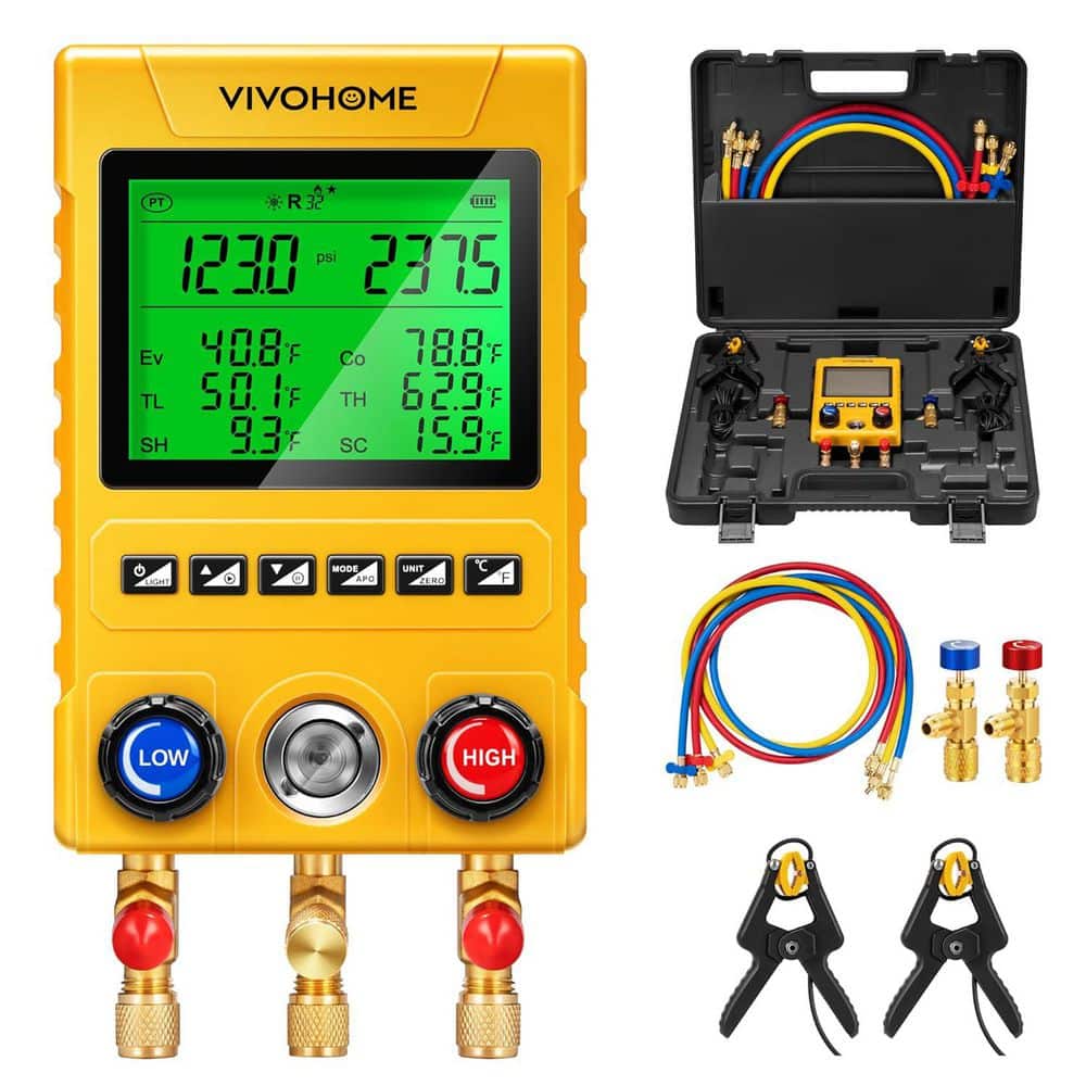 VIVOHOME Digitales HVAC Verteiler-Manometer-Set mit Temperatur-Klemmsonden und 3 Schläuchen