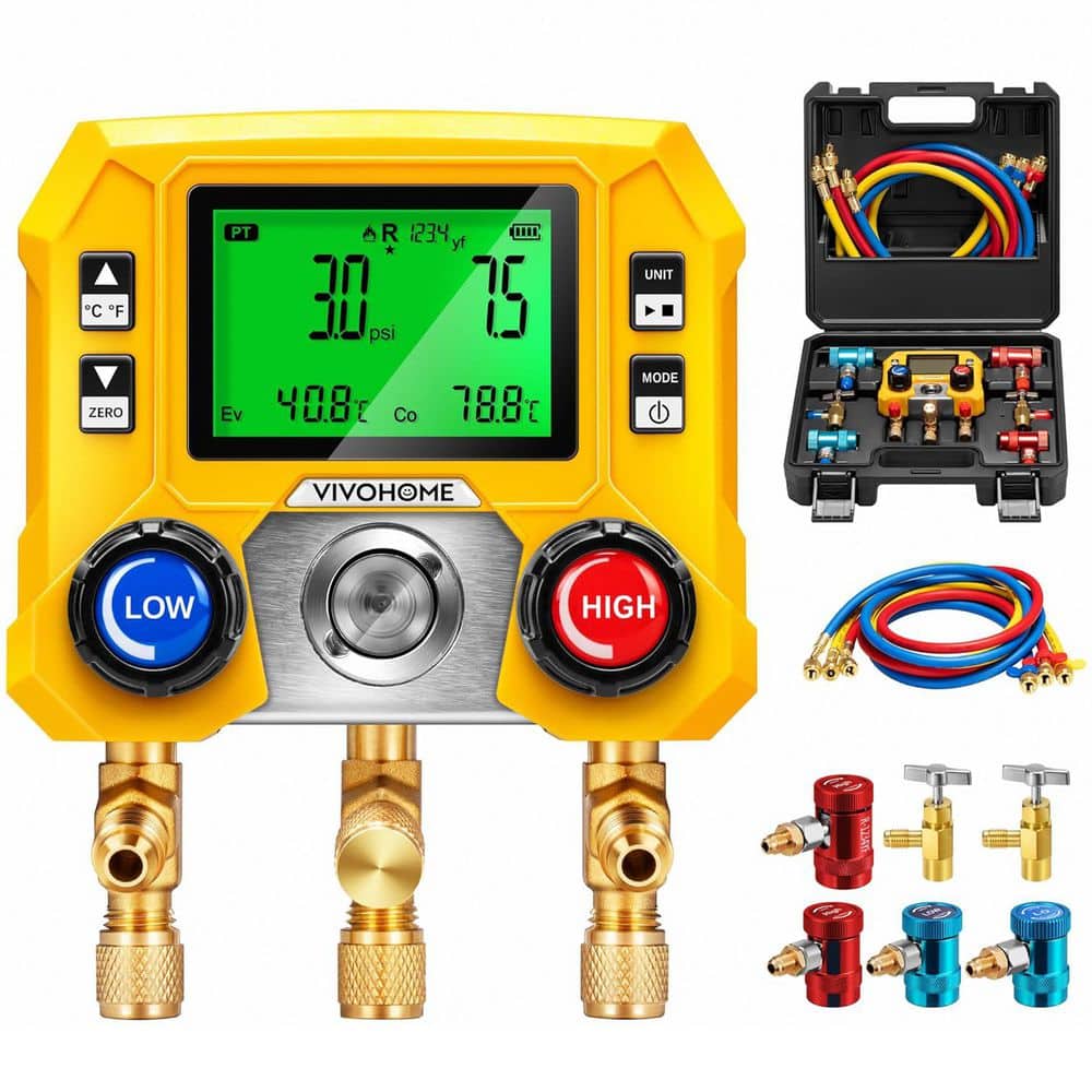 VIVOHOME Digitales HVAC Verteiler-Manometer-Set mit R134a R1234YF Schnellkupplungen und Dosen-Anstechgeräten